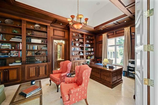 Chandelier, Home Office, Interior, Pendant Lights, Recessed Lighting, Wooden Walls