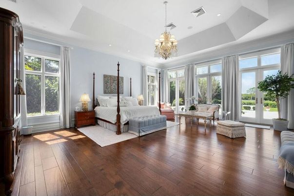 Bedroom, Chandelier, Interior, Recessed Lighting, Wood Texture Flooring