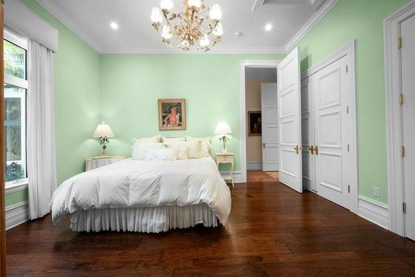 Bedroom, Chandelier, Interior, Recessed Lighting, Wood Texture Flooring