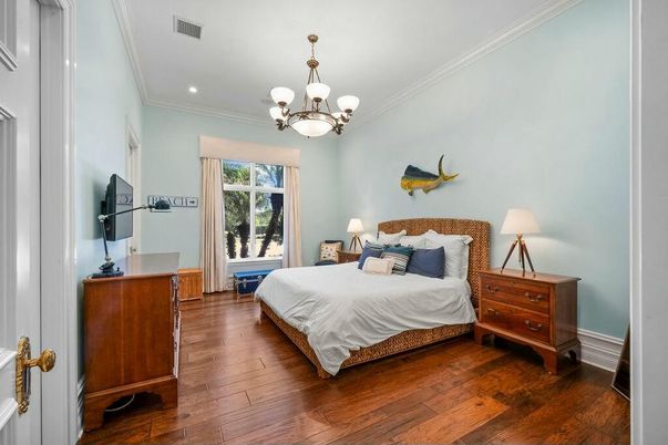 Bedroom, Chandelier, Interior, Recessed Lighting, Wood Texture Flooring