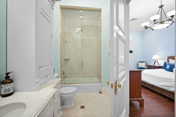 Bathroom, Bedroom, Glass Shower, Interior, Pendant Lights, Wood Texture Flooring
