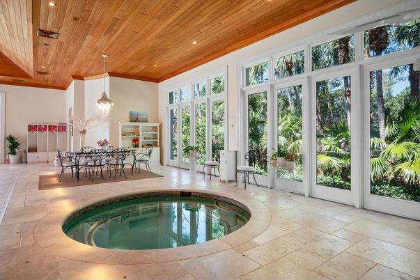 Dining room, Interior, Pendant Lights, Pool, Recessed Lighting, Wooden Ceilings