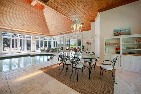 Dining room, Interior, Pendant Lights, Pool, Wooden Ceilings