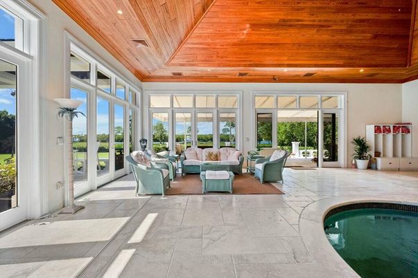Interior, Living room, Pool, Recessed Lighting, Sun Room, Wooden Ceilings