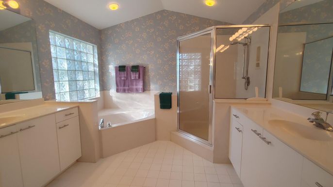 Bathroom, Dual Sink Vanities, Glass Shower, Interior, Recessed Lighting