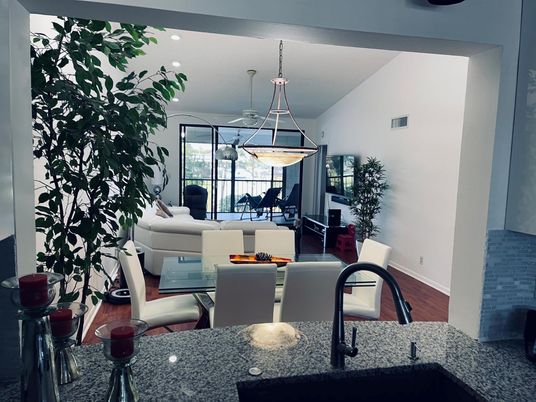 Dining room, Interior, Living room, Pendant Lights, Recessed Lighting, Wood Texture Flooring