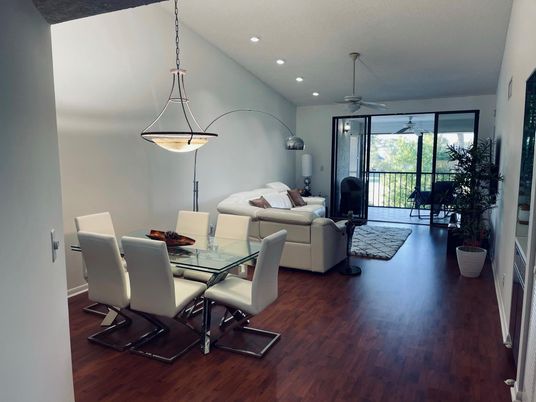Dining room, Interior, Living room, Pendant Lights, Recessed Lighting, Wood Texture Flooring