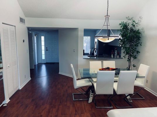 Dining room, Interior, Pendant Lights, Wood Texture Flooring