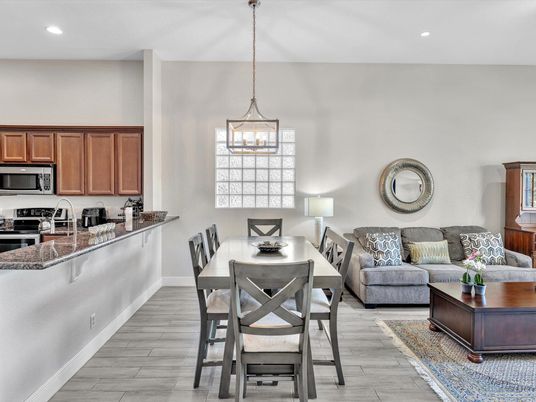 Dining room, Interior, Kitchen, Living room, Pendant Lights, Recessed Lighting, Stainless Steel Appliances, Wood Texture Flooring