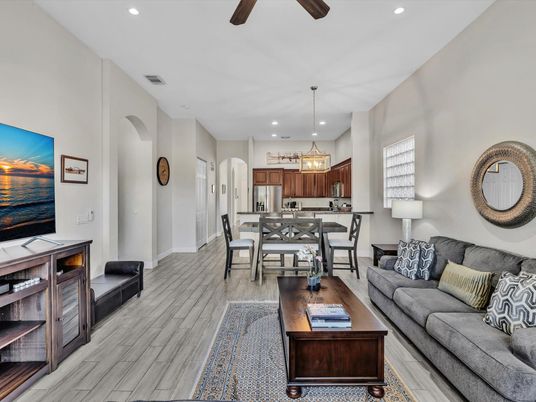 Dining room, Interior, Kitchen, Living room, Pendant Lights, Recessed Lighting, Stainless Steel Appliances, Wood Texture Flooring