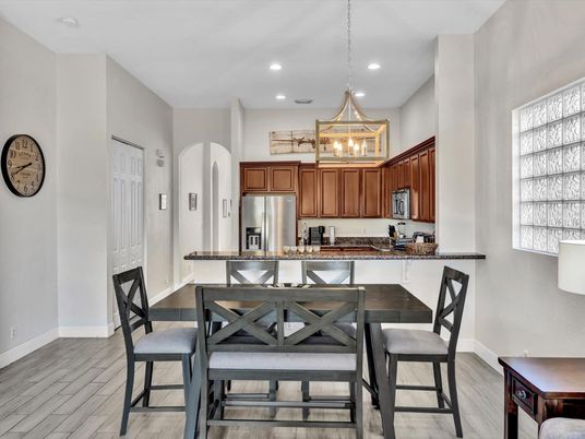 Dining room, Interior, Kitchen, Pendant Lights, Recessed Lighting, Stainless Steel Appliances, Wood Texture Flooring
