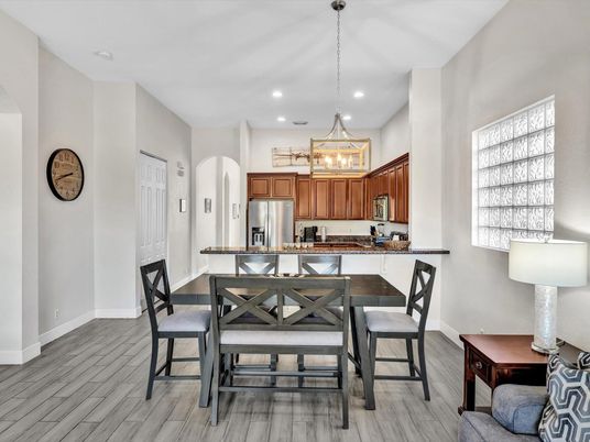 Dining room, Interior, Kitchen, Pendant Lights, Recessed Lighting, Stainless Steel Appliances, Wood Texture Flooring