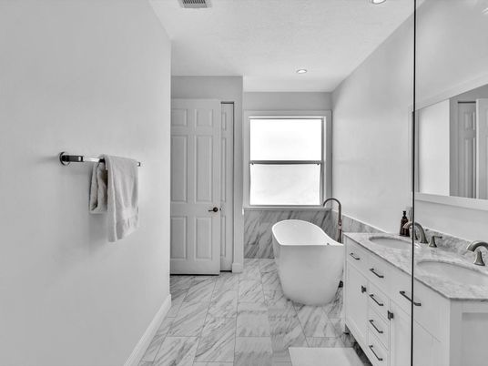 Bathroom, Dual Sink Vanities, Free Standing Baths, Interior, Marble, Recessed Lighting
