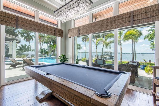 Billiard Table, Chandelier, Game Room, Interior, Water, Wood Texture Flooring