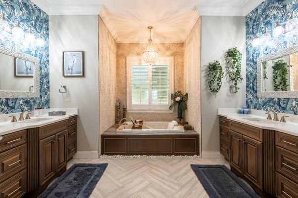 Bathroom, Chandelier, Dual Sink Vanities, Interior, Pendant Lights, Wood Texture Flooring