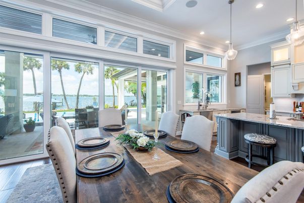 Dining room, Interior, Pendant Lights, Recessed Lighting, Water, Wood Texture Flooring
