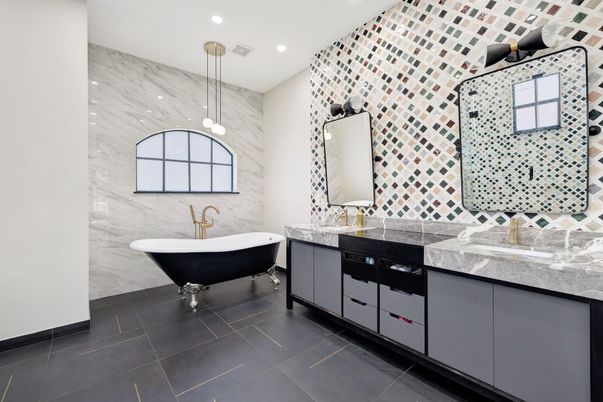Bathroom, Dual Sink Vanities, Free Standing Baths, Interior, Marble Walls, Pendant Lights, Recessed Lighting