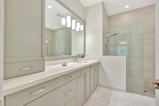 Bathroom, Dual Sink Vanities, Glass Shower, Interior, Marble, Recessed Lighting