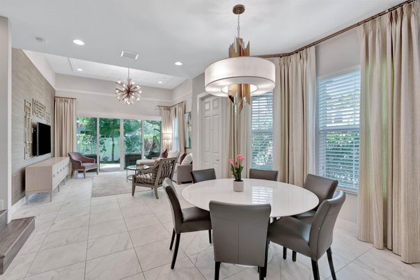 Dining room, Interior, Living room, Marble, Pendant Lights, Recessed Lighting