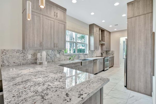 Interior, Kitchen, Marble, Pendant Lights, Recessed Lighting, Stainless Steel Appliances