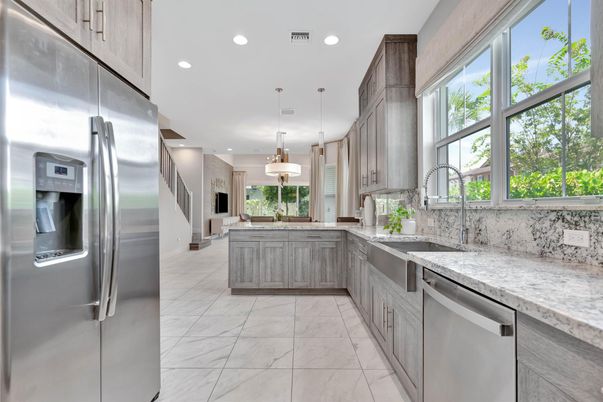 Interior, Kitchen, Marble, Pendant Lights, Recessed Lighting, Stainless Steel Appliances