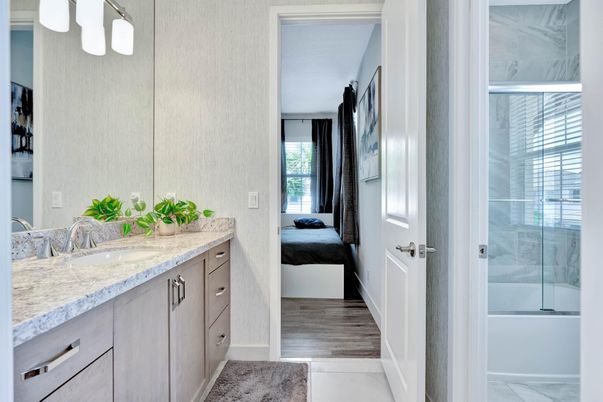 Bathroom, Glass Shower, Interior, Wood Texture Flooring
