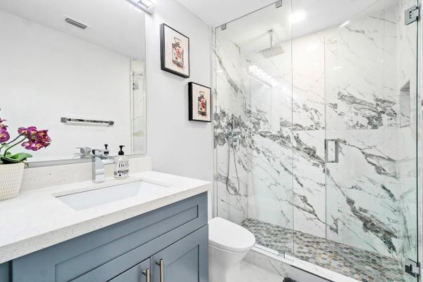 Bathroom, Glass Shower, Interior, Marble Walls, Recessed Lighting