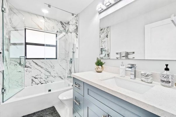 Bathroom, Glass Shower, Interior, Marble Walls, Recessed Lighting