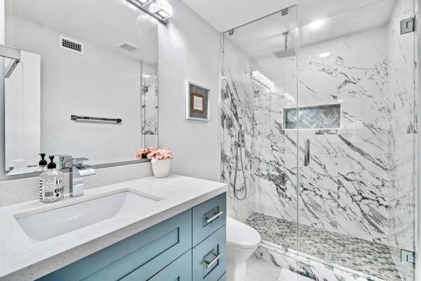 Bathroom, Glass Shower, Interior, Marble Walls, Recessed Lighting