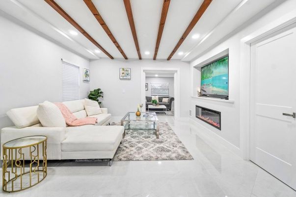 Fireplace, Interior, Living room, Recessed Lighting, Wooden Beams