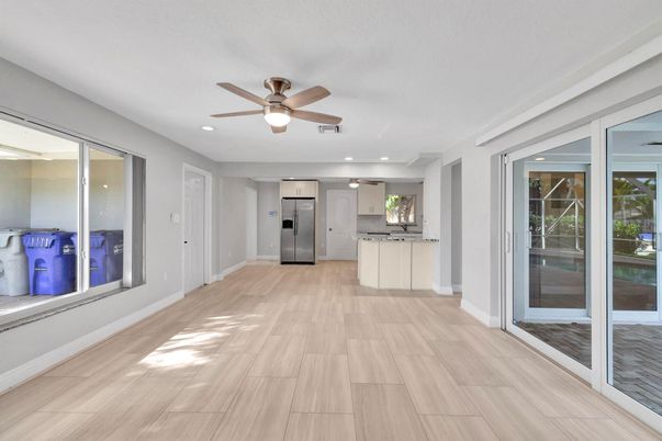 Empty room, Interior, Kitchen, Recessed Lighting, Wood Texture Flooring