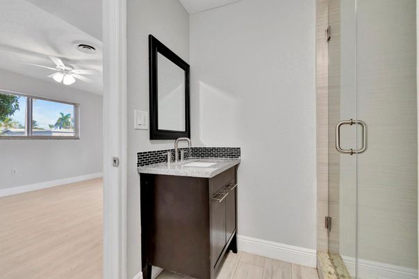 Bathroom, Glass Shower, Interior, Wood Texture Flooring