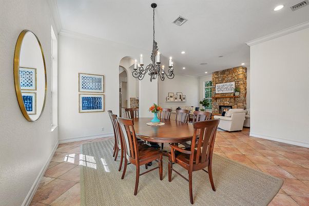 Chandelier, Dining room, Fireplace, Interior, Recessed Lighting