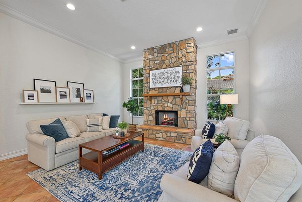 Fireplace, Interior, Living room, Recessed Lighting, Stone Walls