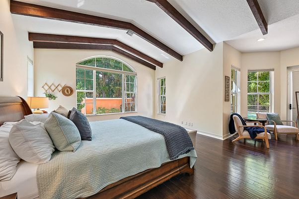 Bedroom, Interior, Recessed Lighting, Wooden Beams, Wood Texture Flooring