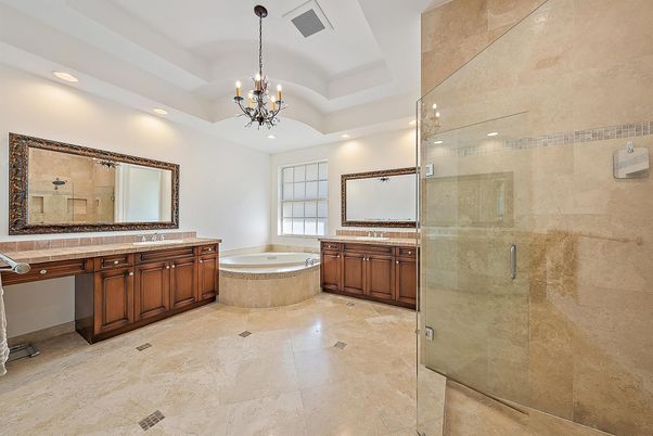 Bathroom, Chandelier, Dual Sink Vanities, Glass Shower, Interior, Recessed Lighting