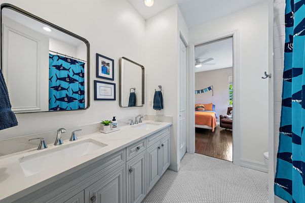Bathroom, Bedroom, Dual Sink Vanities, Interior, Recessed Lighting, Wood Texture Flooring
