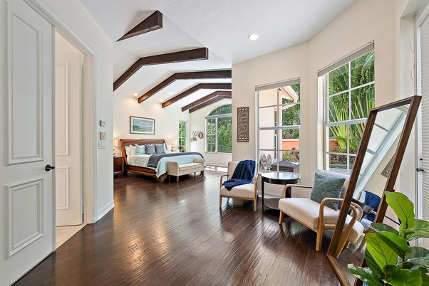 Bedroom, Interior, Recessed Lighting, Wooden Beams, Wood Texture Flooring