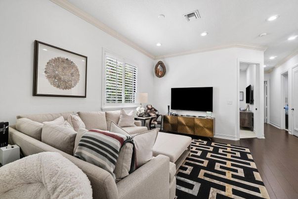 Interior, Living room, Recessed Lighting, Wood Texture Flooring