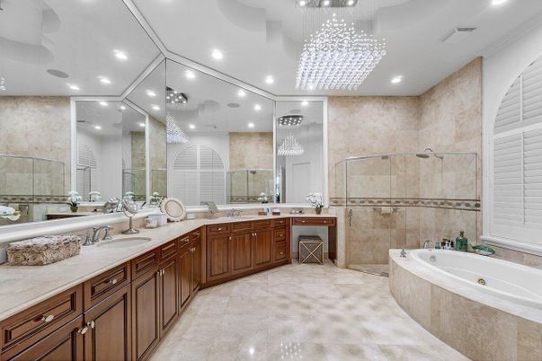 Bathroom, Dual Sink Vanities, Glass Shower, Interior, Pendant Lights, Recessed Lighting
