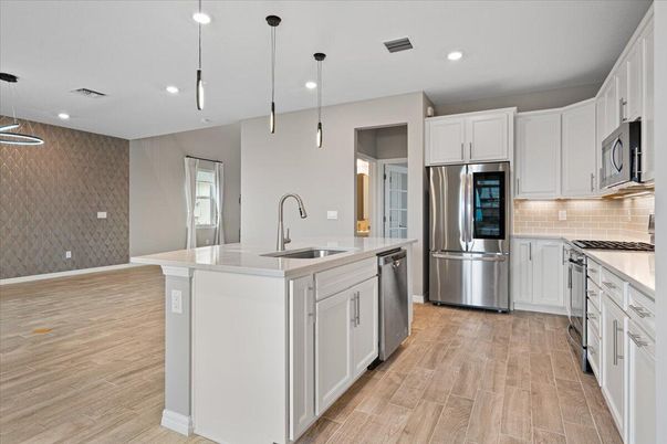 Interior, Kitchen, Pendant Lights, Recessed Lighting, Stainless Steel Appliances, Wood Texture Flooring