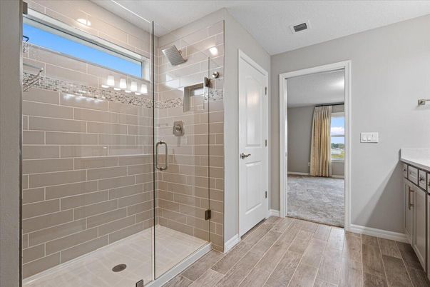 Bathroom, Glass Shower, Interior, Wood Texture Flooring