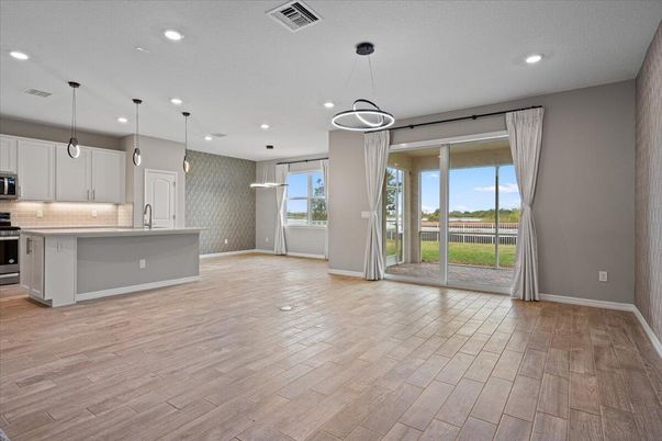 Empty room, Interior, Kitchen, Pendant Lights, Recessed Lighting, Wood Texture Flooring
