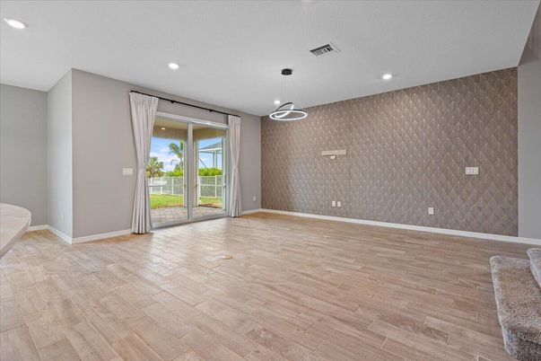 Empty room, Interior, Pendant Lights, Recessed Lighting, Wood Texture Flooring
