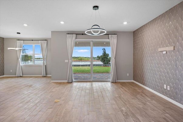 Empty room, Interior, Pendant Lights, Recessed Lighting, Wood Texture Flooring
