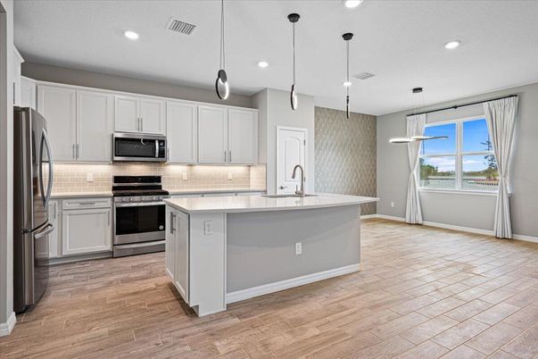 Interior, Kitchen, Pendant Lights, Recessed Lighting, Stainless Steel Appliances, Wood Texture Flooring
