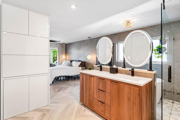 Bathroom, Bedroom, Dual Sink Vanities, Glass Shower, Interior, Recessed Lighting, Wood Texture Flooring