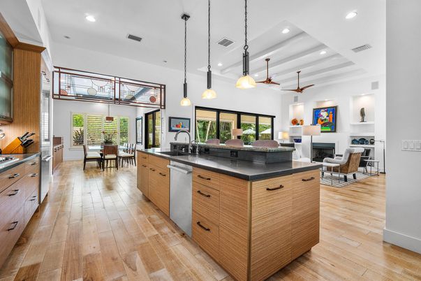 Dining room, Fireplace, Interior, Kitchen, Living room, Pendant Lights, Recessed Lighting, Wood Texture Flooring
