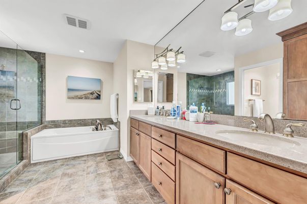 Bathroom, Dual Sink Vanities, Glass Shower, Interior, Recessed Lighting