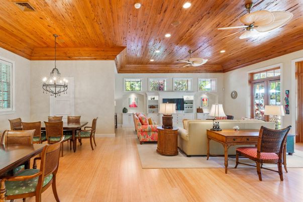Chandelier, Dining room, Interior, Living room, Recessed Lighting, Wooden Ceilings, Wood Texture Flooring